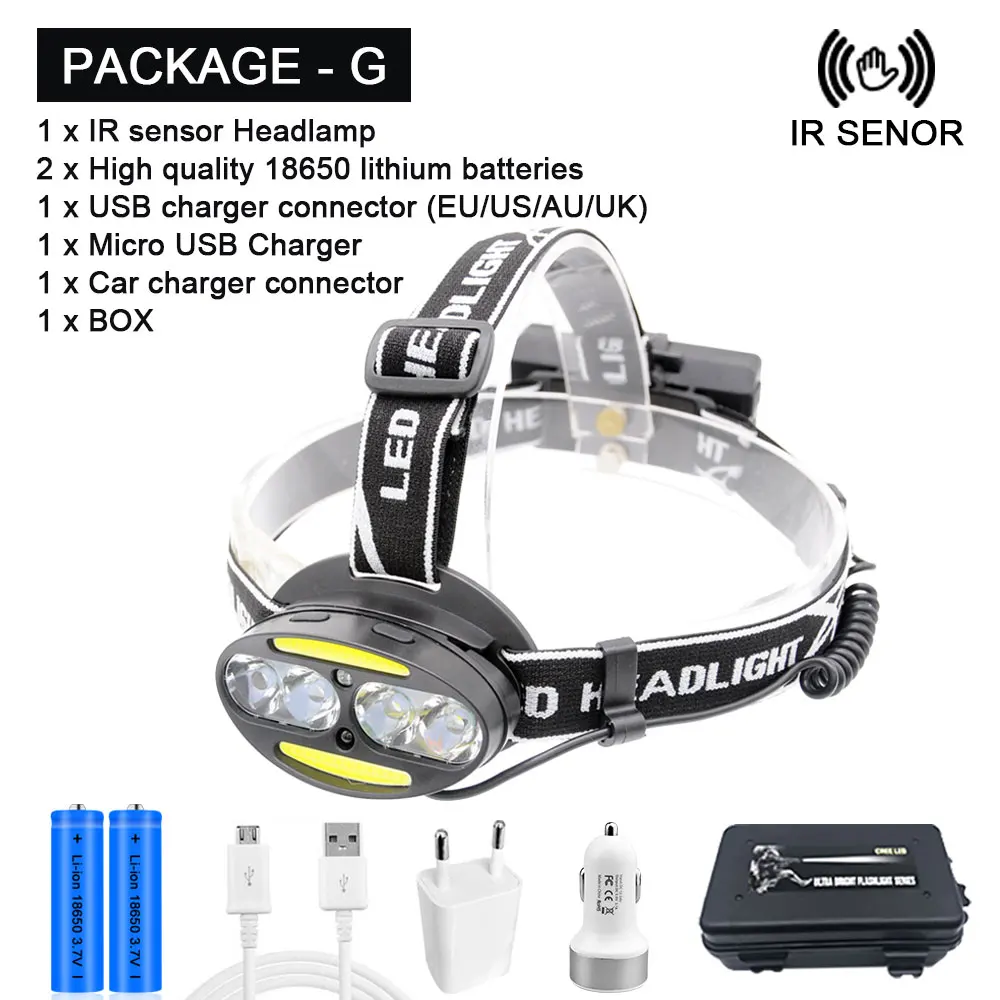 Package G Налобный фонарь супер яркий супер люмен фара 4* T6+ 2* COB+ 2* красный светодиодный налобный фонарь Lanterna с зарядным устройством - Испускаемый цвет: Package G