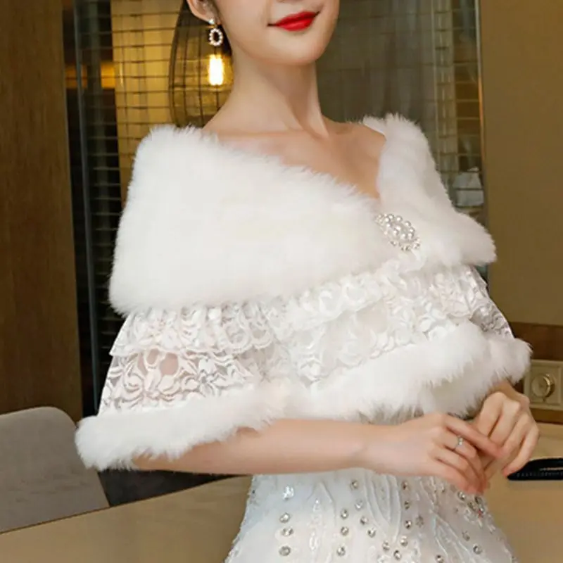 

Women Retro Plush Shawl Wrap Wedding Dress Scarf Stoles Tiered Floral Lace Patchwork Bridal Bolero Winter Warm Prom Party Cover