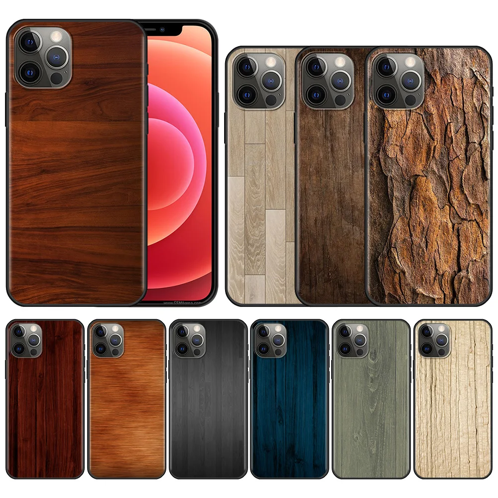 

Fashion Texture Wood Phone Case For iPhone 11 13 12 Pro Max XS XR X 8 7 6s 6 Plus 5 5S SE Black Bumper Soft Silicone Fundas