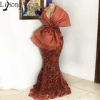 Сексуальные африканские вечерние платья-русалки, шикарное кружевное платье с аппликацией, блестками и большим бантом для выпускного вечера, длинное женское вечернее платье большого размера с глубоким V-образным вырезом