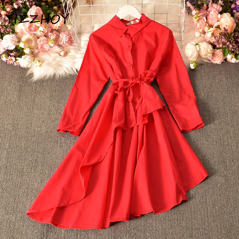 

YIZZHOY New Spring Women Elegant Lace-up High Waist A-line Dress Office Lady Polo Neck Long Sleeve Irregular Solid Shirts Dress