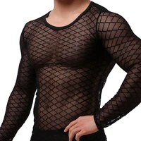 mens sexy mesh transparent sleepwear long sleeve exotic grid singlet fishnet sheer thin stretch sleep tops undershirt