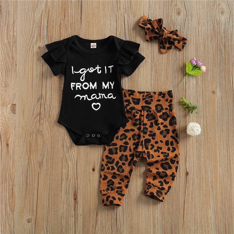 

Summer Newborn Toddler Girls 3 Pcs Outfits Suits, Short Sleeve Letter Printed Romper Tops + Leopard Long Pant + Headband wear