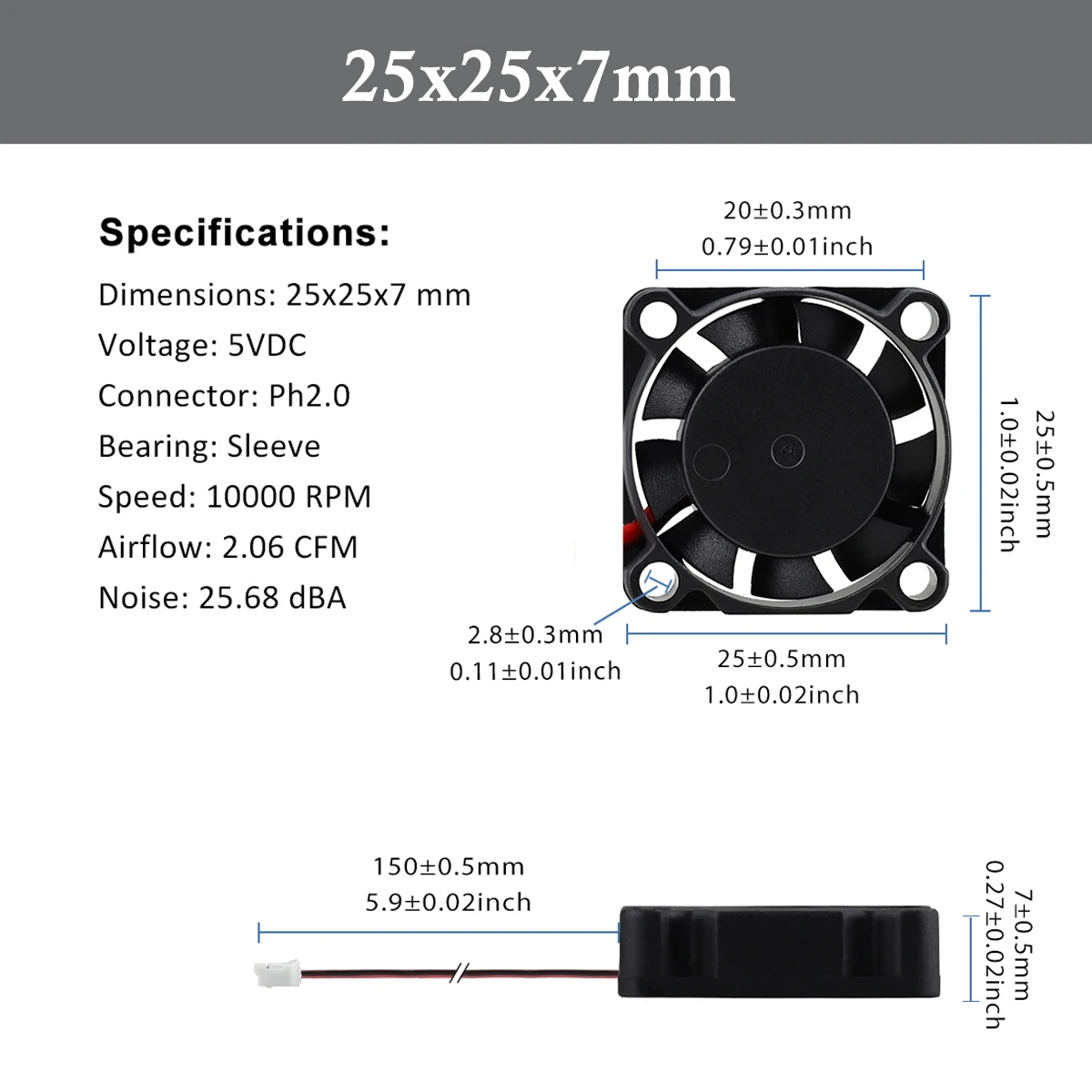 5 шт. Gdstime 25 мм 2 см 25x7 2507 DC 5V 2Pin PH2.0 маленький осевой охлаждающий вентилятор |