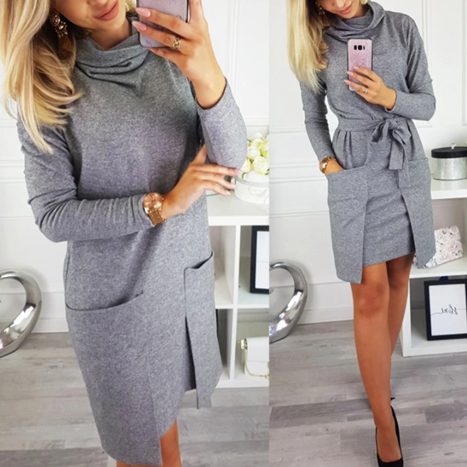 

Business Casual Women Long Sleeve Mock Turtleneck Mini Dress Party Elegant Sukienka Solid Formal Loose Bandage Dress Office Wear