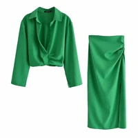 za 202 women long sleeve blouses lapel cropped knotted shirt 2 piece set lady ruched side split skirt fashion outfit faldas suit