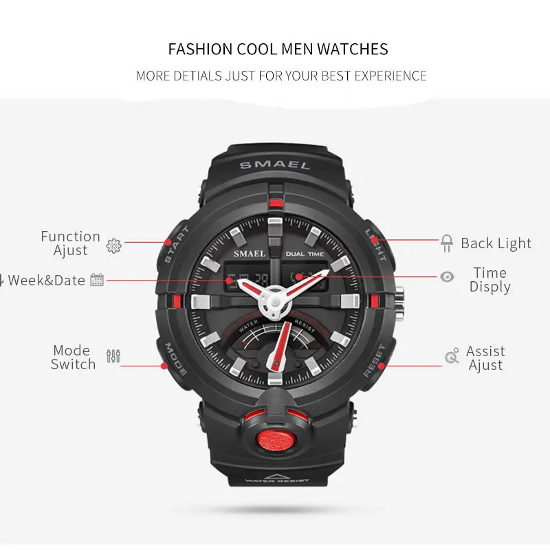 

SMAEL Brand New Sports Watch Men Fashion Wristwatches Military 50M Waterproof Watch Mens Shock GMT Luxury Relogio Masculino Top