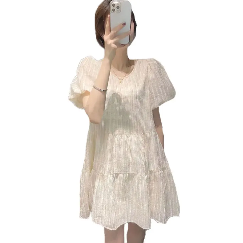 

2021 new fashion temperament gentle wind can salt can sweet round neck bubble sleeve dresses children summer chic