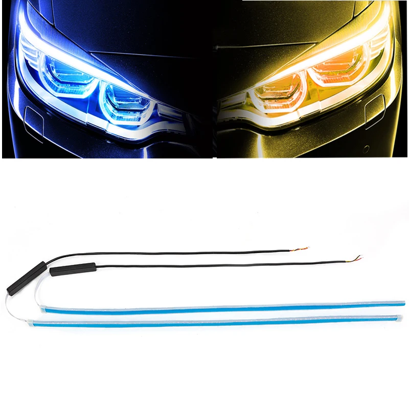 Blue to Yellow 1 шт. ультратонкие автомобильные DRL 30 45 60 см светодиодный дневные ходовые огни Светодиодный белый указатель поворота желтая направляющая лента для сборки фар - Цвет: Blue to Yellow