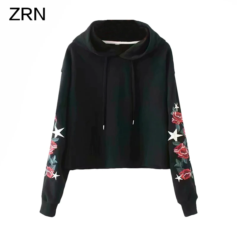 Осенняя утепленная женская модная короткая худи толстовки с вышивкой Женская