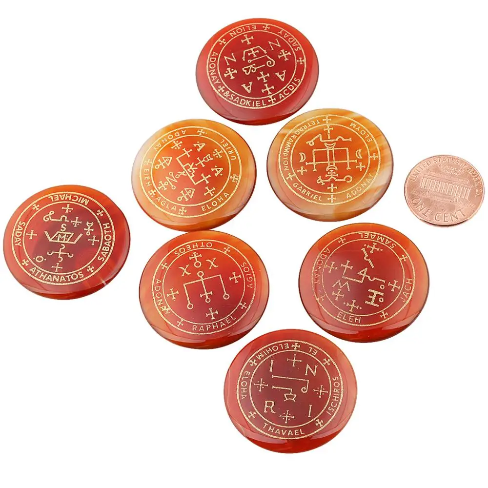 TUMBEELLUWA 1Lot (7Pc) Round Carnelian Palm Stone Engraved Magic Archangel Symbol Chakra Healing Crystal Set
