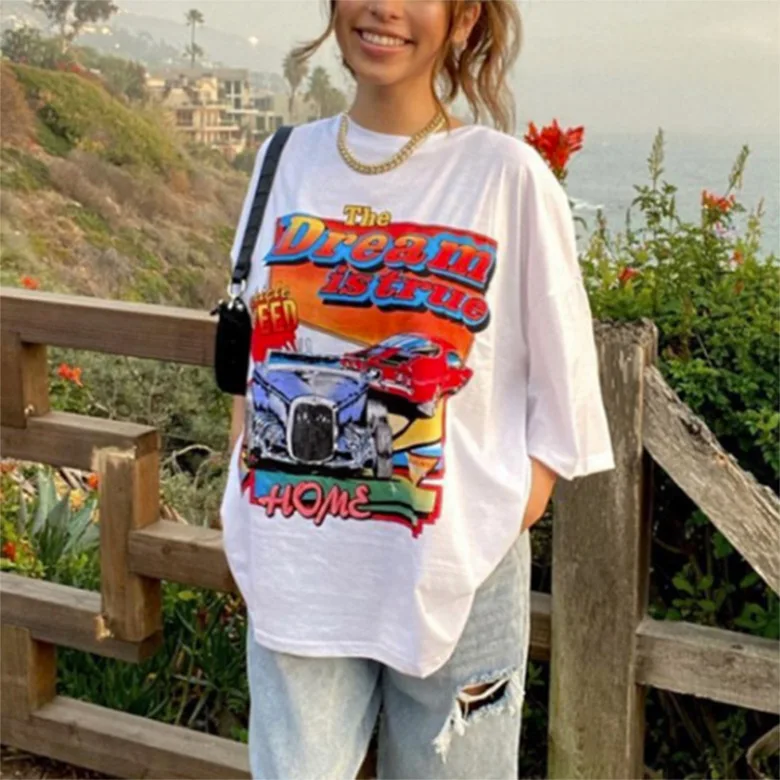 

2021 New American Retro White Racing Short-sleeved Cotton T-shirt Female Tide Ins Summer Loose Large Size Female S-3xl