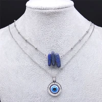 stainless steel crystal turkey eye layered necklaces silver color blue natural stone necklaces jewelry acier inoxydable n302s04