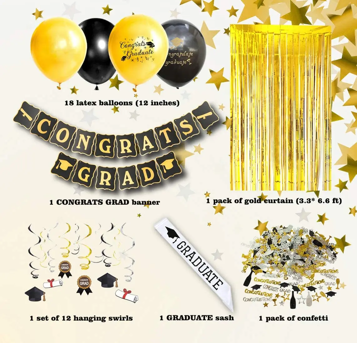 Conjunto de globos negros y dorados, banderines de felicidades, globos de confeti de graduaci&oacute;n, faja de graduaci&oacute;n para decoraciones de Graduaci&oacute;n-5