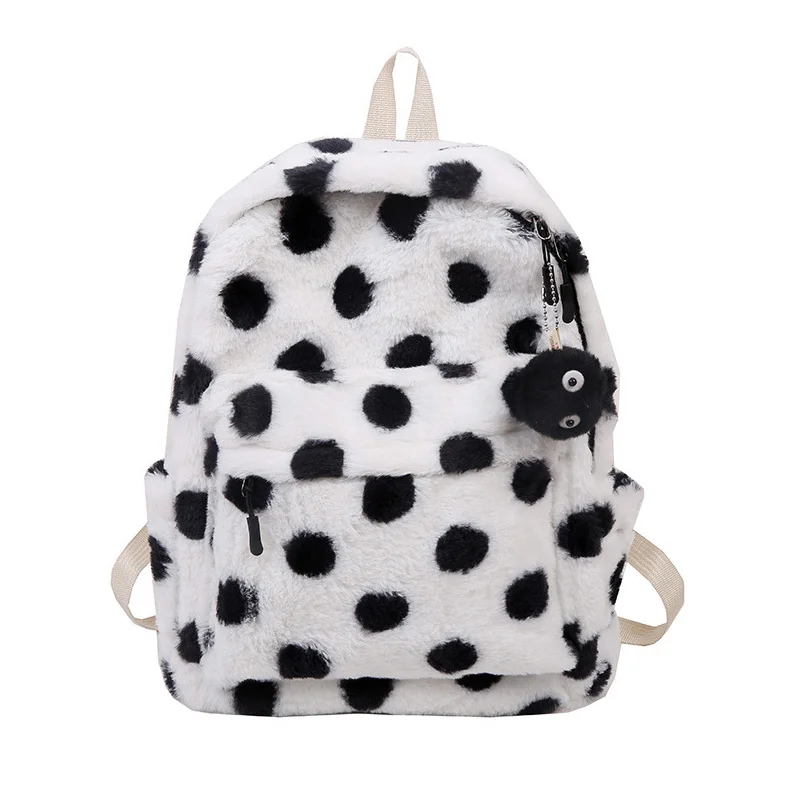 

Plush Student School Bags Stylish Contrast Color Backpack Female Soft Cute Cow Pattern Multifunctional Simple Backpacks JT510031