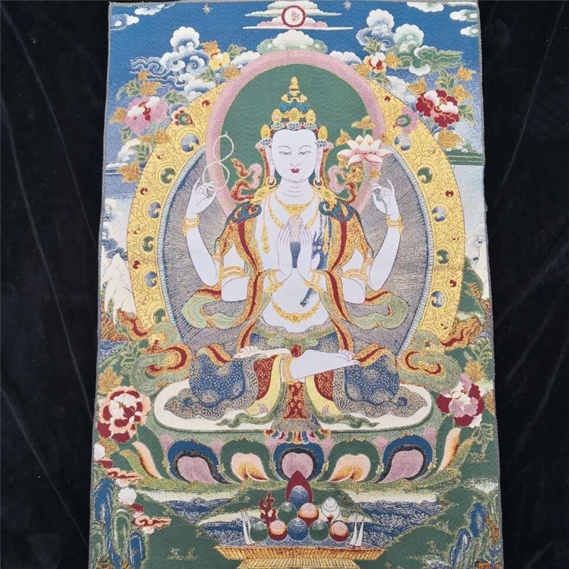 China Old Tibet Silk Thangka Like Hanging Painting Fengshui Tibetan Four Arm Buddha | Дом и сад