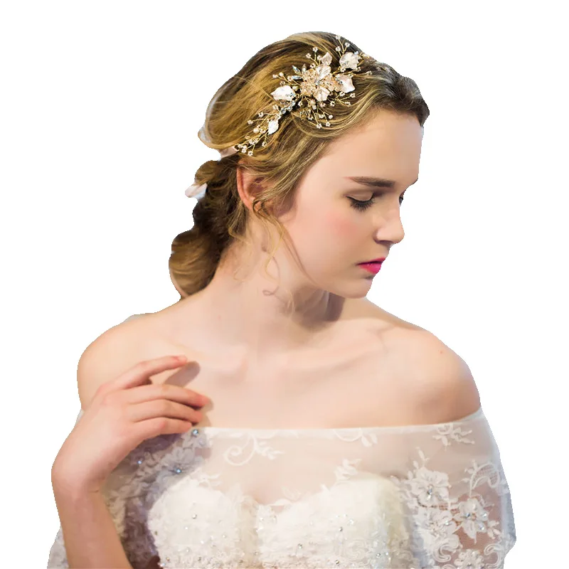 

Pearls Flower Clear Rhinestones Gold Leaf Wedding Hair Vine Headband Bridal Headpiece Hair Accessories Women Jewelry