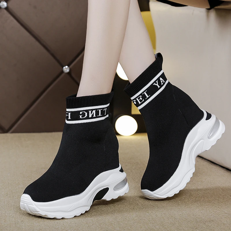 Женские вязаные носки Rimocy белые кроссовки на платформе Высоком толстом каблуке