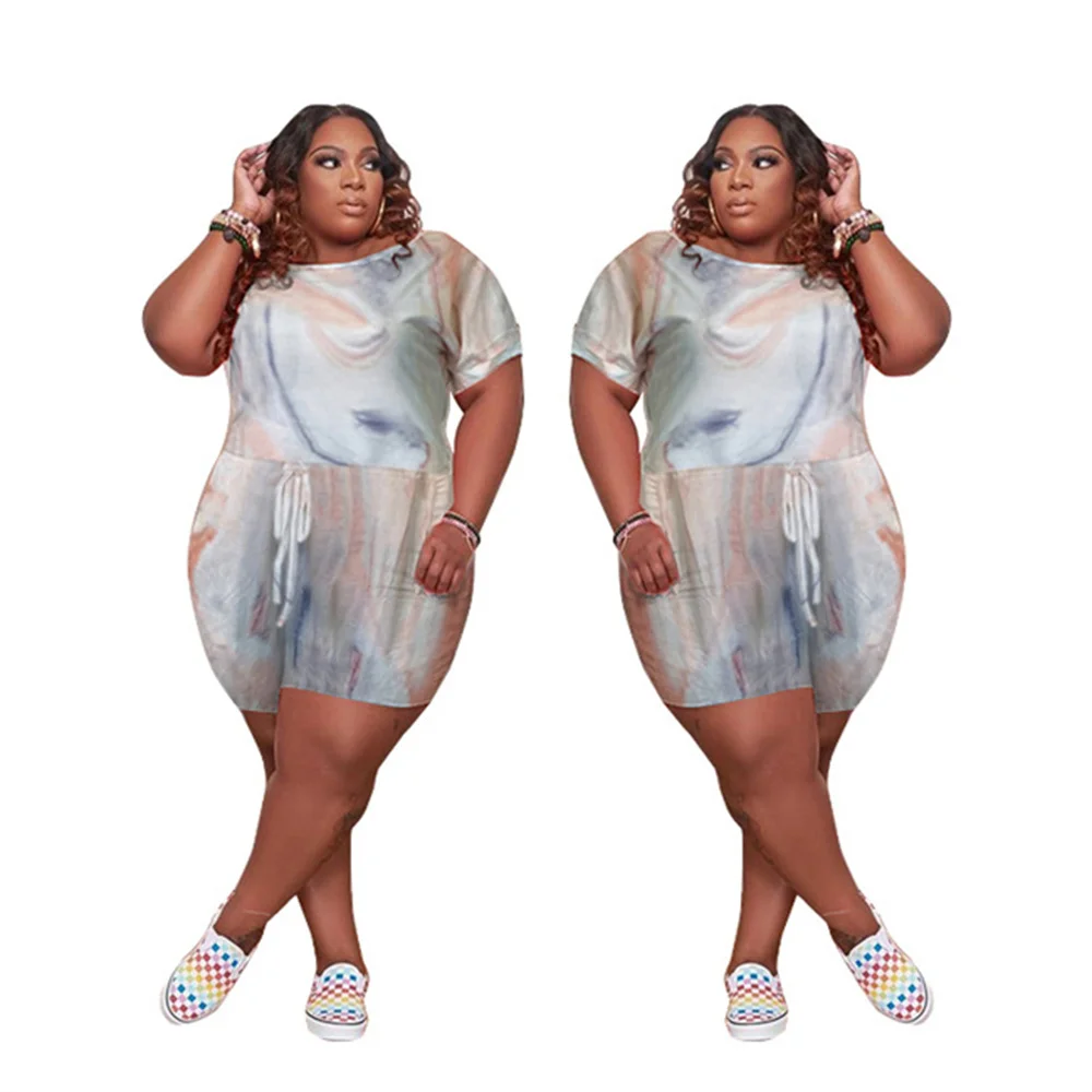 

RStylish Women 2021 Casual Tie Dye Short Sleeve O-Neck Loose Straight With Pockets Summer One Piece Romper