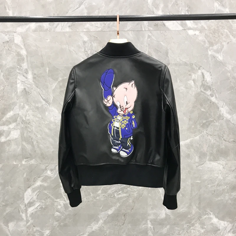 2020 Весенняя короткая бейсбольная форма с вышивкой свиньи кожаная куртка из