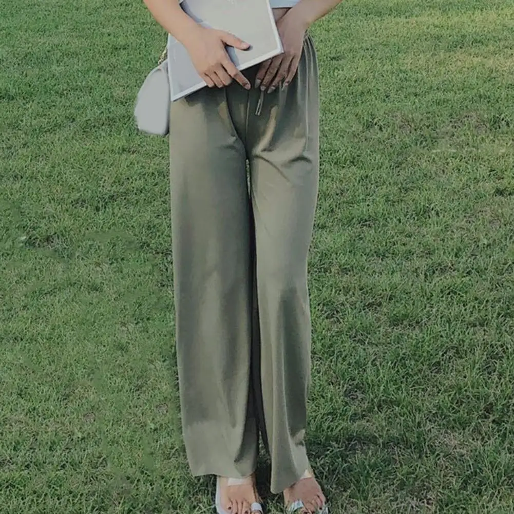 

Women Summer Ice Silk Thin Knit Trousers Wide Leg Loose Pants Ankle Length Pants Casual Trouser Elastic Waist Pleated Pants