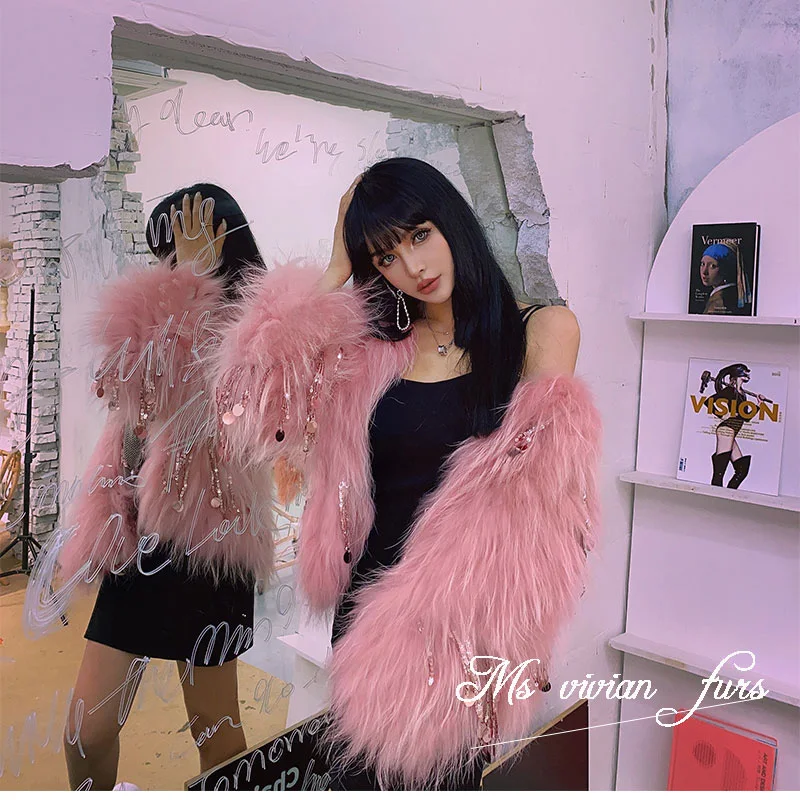 RosEvans Ins Elegant Real Import Raccoon Woven Fur Jacket Female Women Coat and Jackets 2020 New Fox Fur Sequins Tassel High End