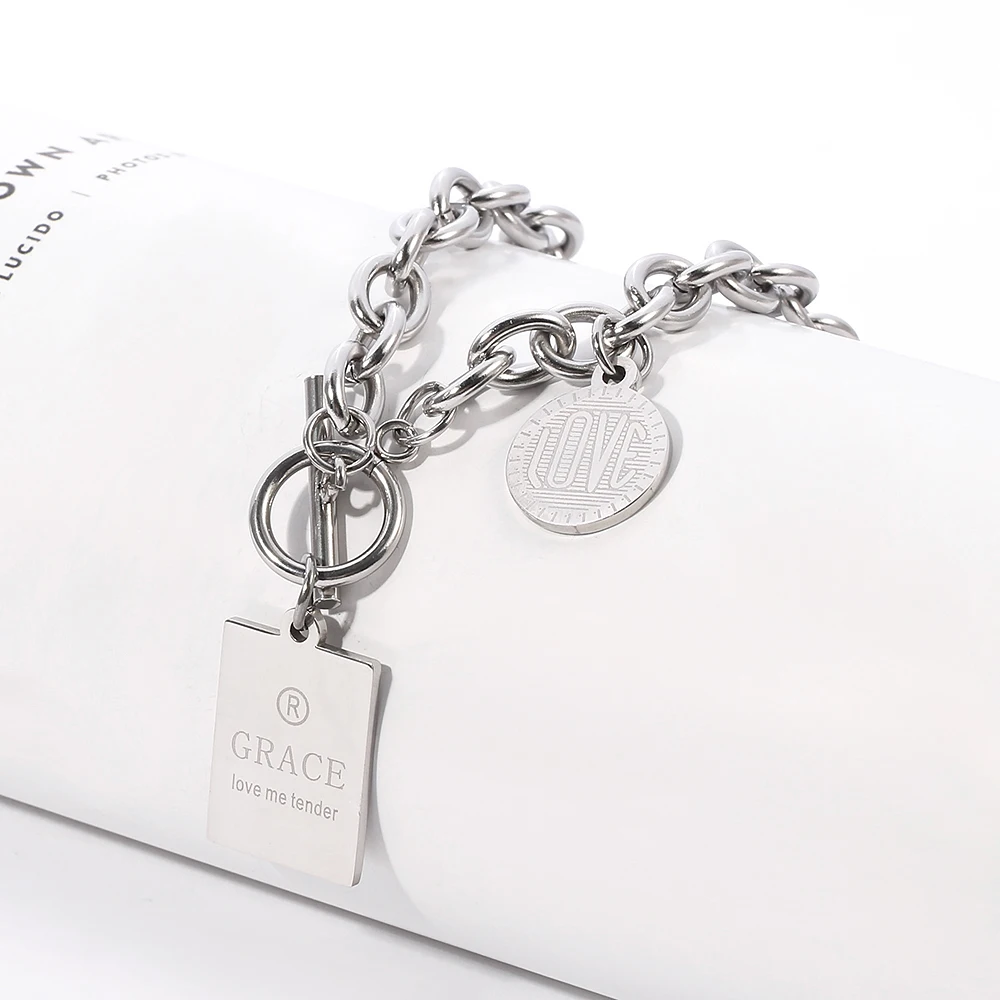 Модные круглые бирки квадратная цепочка из нержавеющей стали Очаровательное