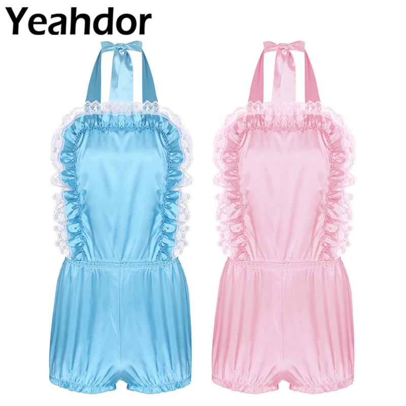 Мужской комбинезон без рукавов Sissy атласная с рюшами и открытой спиной