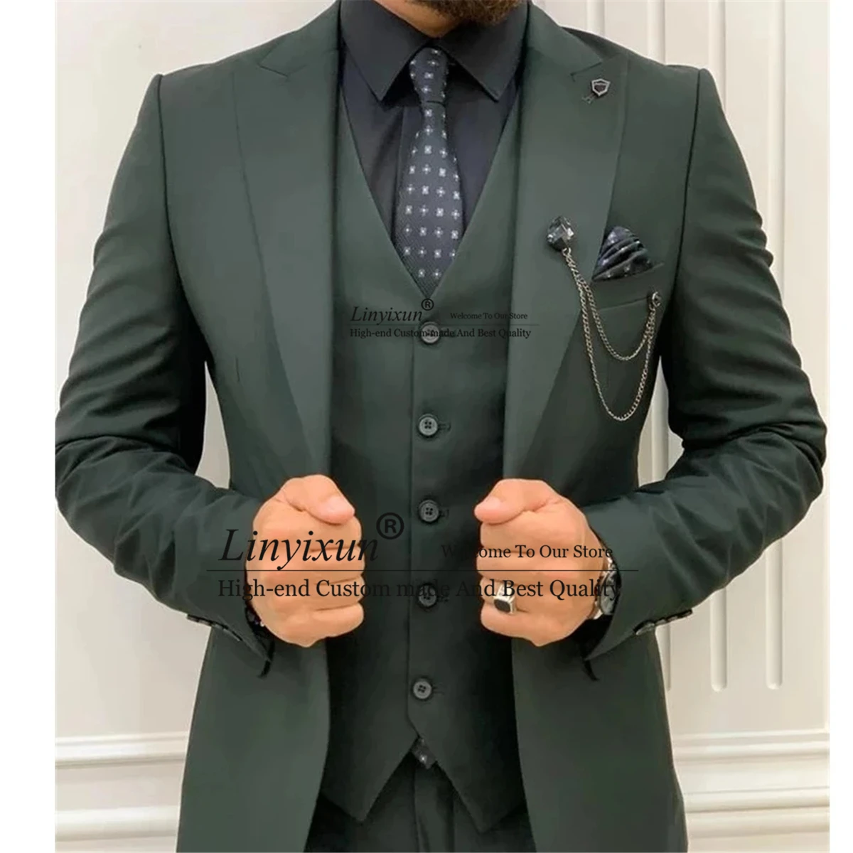 Classic Dark Green Slim Fit Men Suits Peak Lapel Wedding Tuxedo Groom Prom Male Blazer 3 Pieces Jacket Pant Vest Terno Masculino