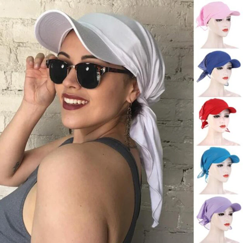 

1PC Women Durag Brim Cap Sun Visor with Pre-Tied Turban Caps Head Scarf Hijab Pure Color Muslim Beach Vacation Fashion Outdoor