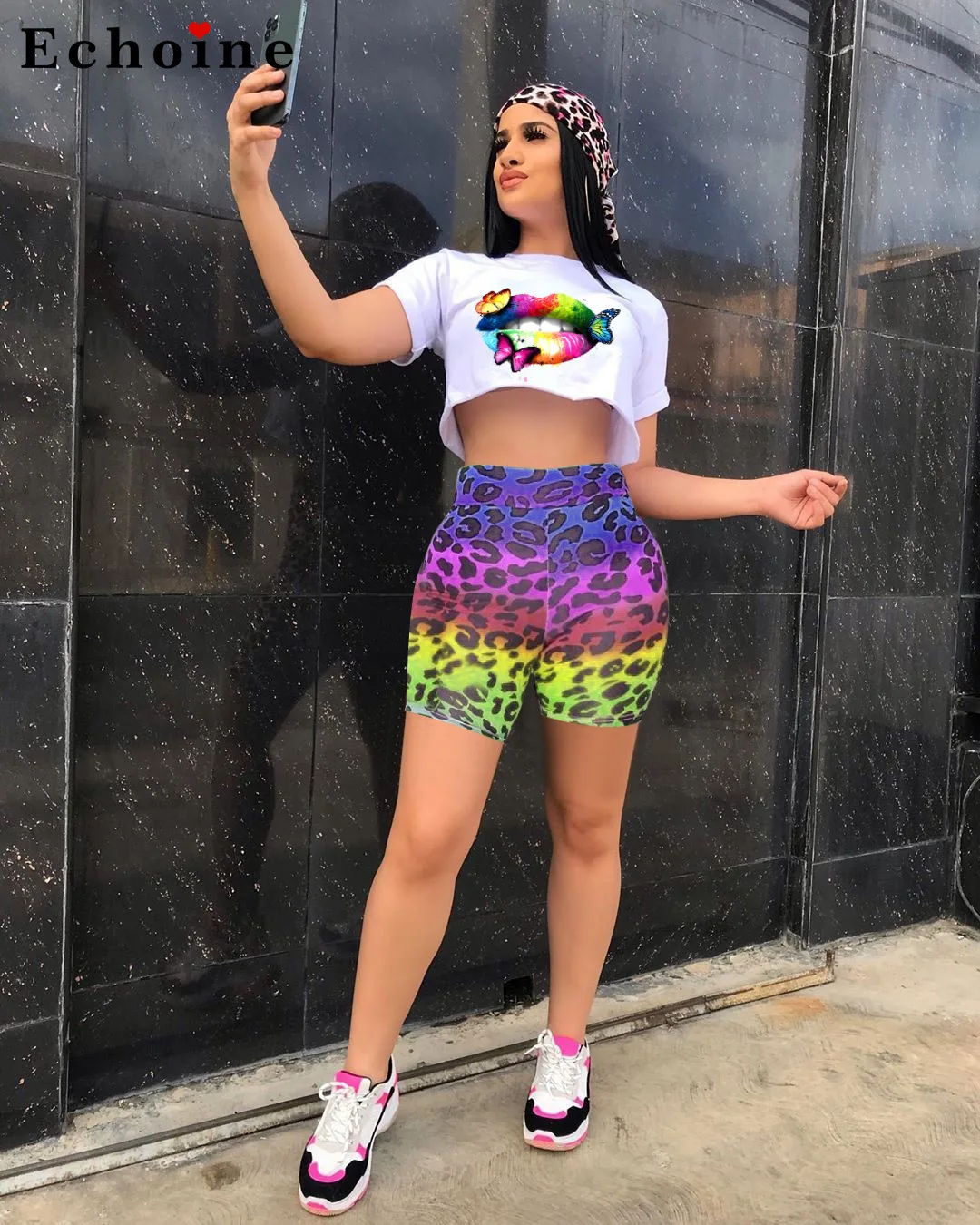 Женский Повседневный костюм с леопардовым принтом губ лоскутный укороченный топ