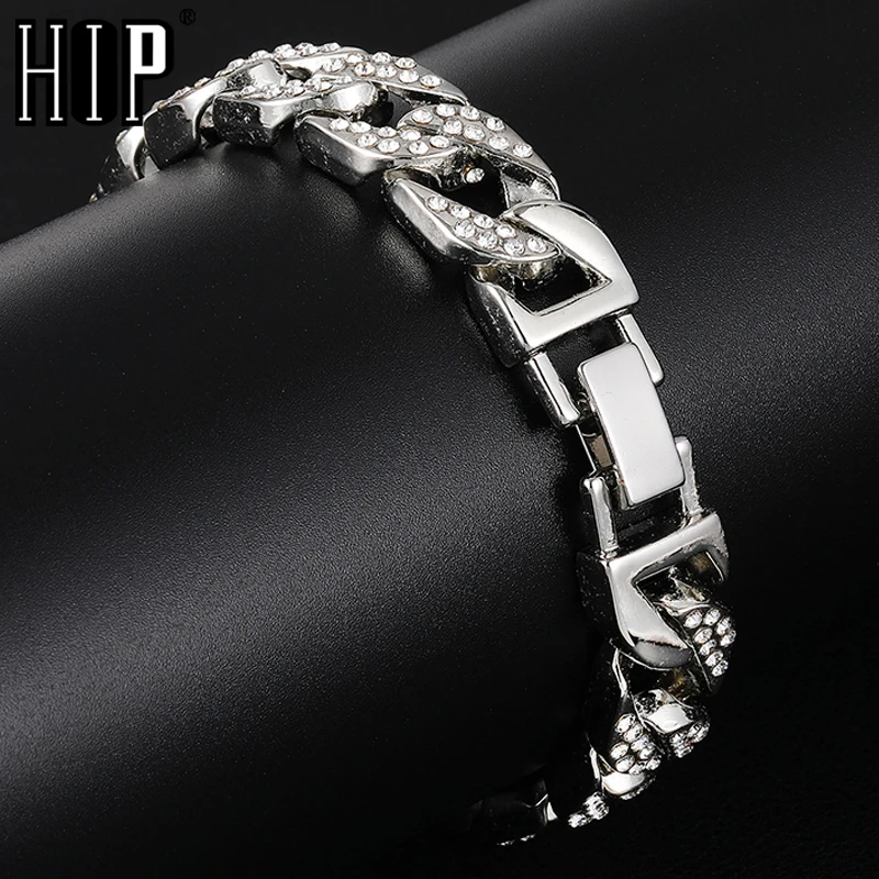 

Hip Hop Bling Iced Out Men's Bracelet Full Rhinestone Pave Gold Color Miami Cuban Link Chain Bracelets for Men Jewelry Dropship