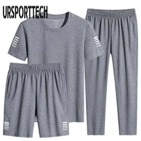 tracksuit men sets summer casual mens set 3 pieces sportswear suit outfits short sleeve t shirt pants shorts joggers sets