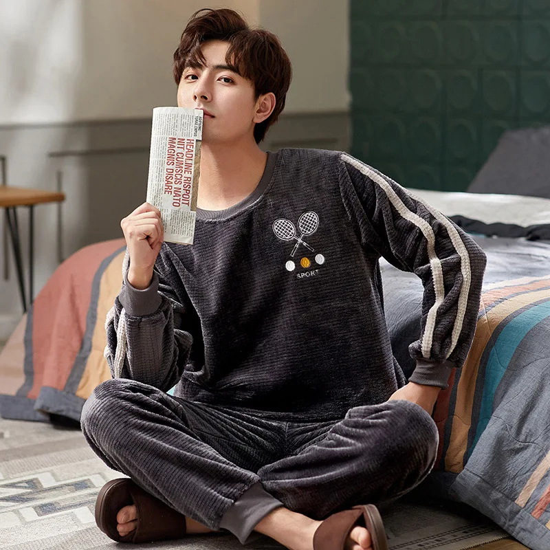 Sleepwear Men Sleeping Suit for Men Thick Long Sleeve Pajamas Set Flannel Warm Autumn Winter Home Service O-neck Letter printing