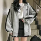 Корейский стиль толстовка на молнии женские свитшоты оверсайз однотонная куртка с длинным рукавом пальто Свободный пуловер с принтом топы на осень с капюшоном