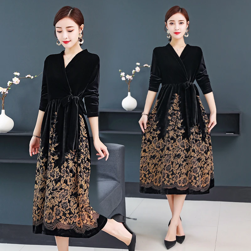 Женское длинное платье с V-образным вырезом приталенное бархатное большого