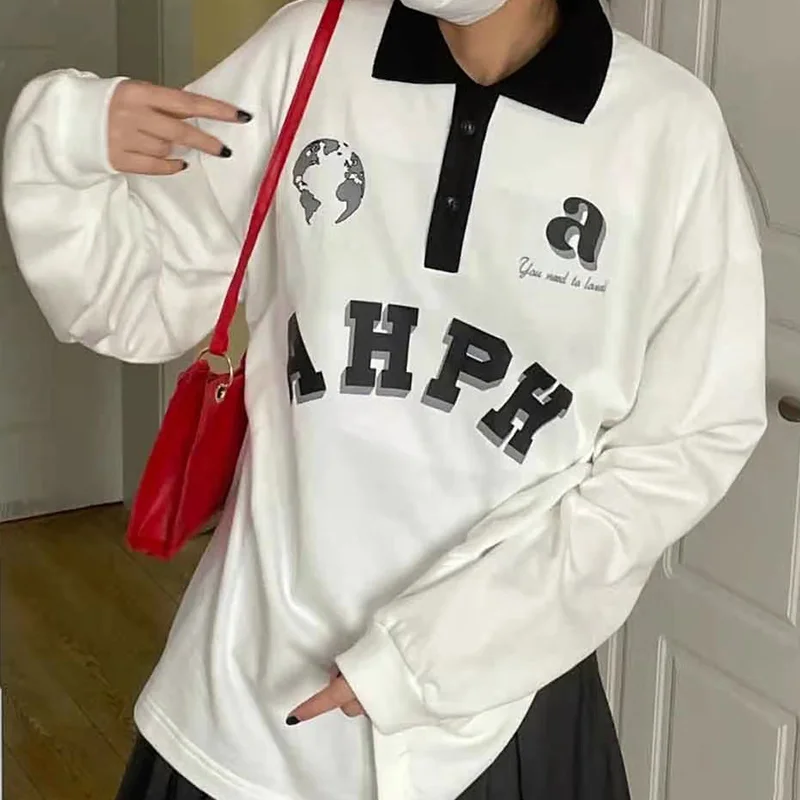 

White Vintage Polo Collar Pullover Patchwork Print Sweatshirt Women Long Sleeve Sports Student Autumn Casual Boyfriend Fashion