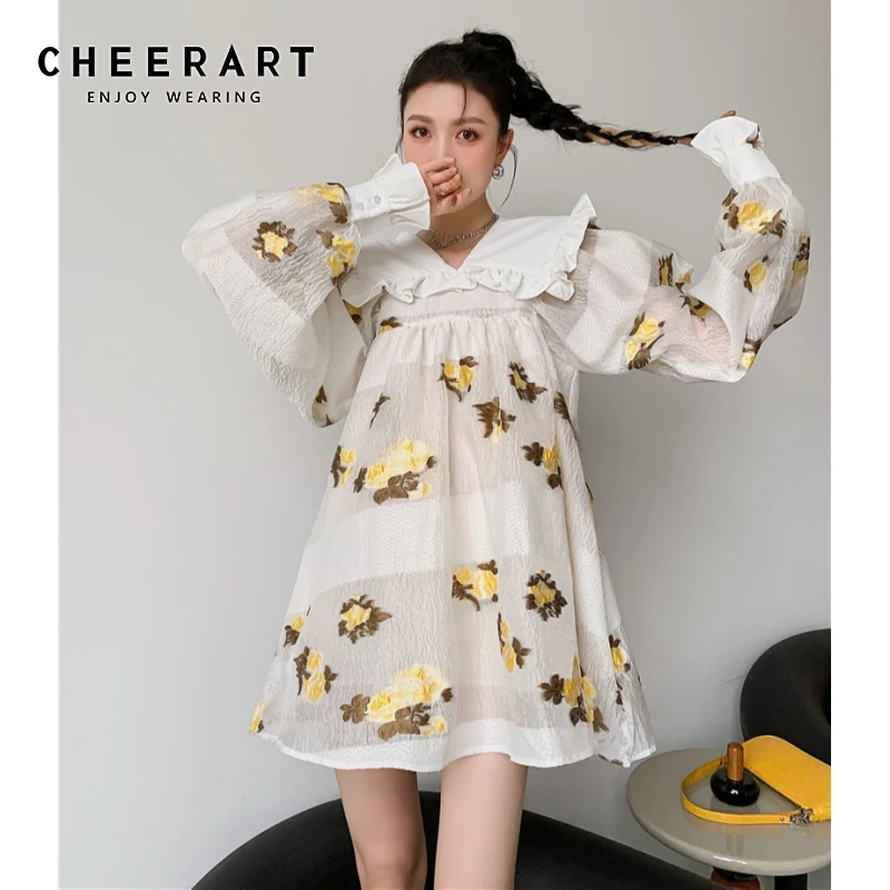 

CHEERART Jacquard Peter Pan Collar Lantern Sleeve Dress Spring 2021 Runway Long Sleeve Floral Mini Loose Ruched Dress Women