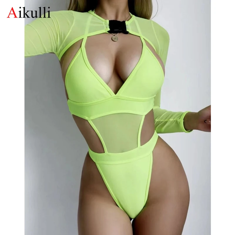 

Sexy 2pack Neon Green Mesh Long Sleeve One Piece Swimsuit Women 2022 New Swimwear Monokin Bodysuit Bathing Suit Summer Beachwear