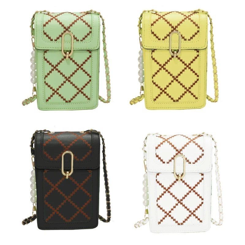 

Women Small Faux Leather Mobile Phone Bag with Pearl Chain Diamond Plaid Pattern Crossbody Shoulder Mini Handbag