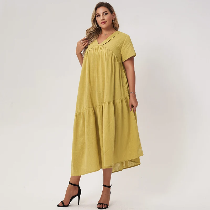 

Summer Women's Dress 2021 Yellow V-neck Loose Short Sleeve L-4XL Plus Size Babydoll Sweet Fashion Casual Long Layered Dresses