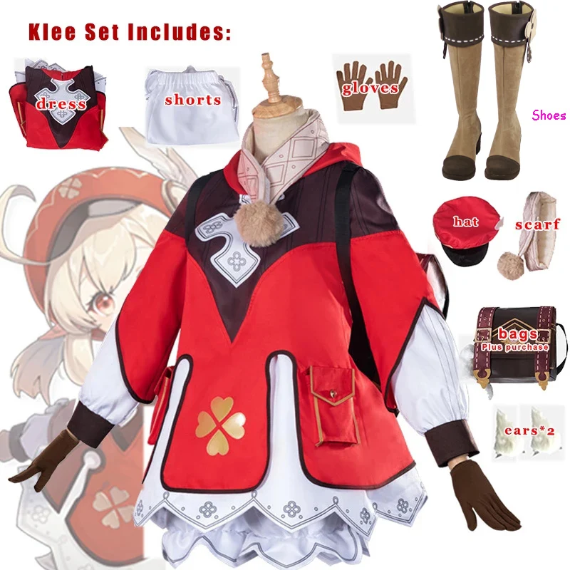 

Костюм для косплея Game Genshin Impact Klee, парики, обувь, сумка, лоли, наряд для вечеринки, униформы, костюмы для женщин на Хэллоуин, карнавал