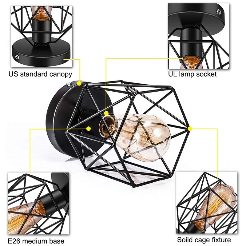 

Semi-Flush Mount Ceiling Light E26 Retro Black Industrial Ceiling Light Fixture for Porch Kitchen Lighting 2 Pack