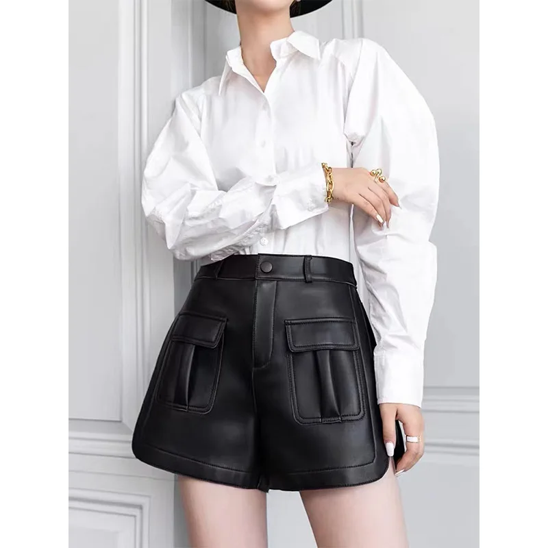 2021 autumn winter new greenuing leather streetwear women high waist wide legs fashion boots pants Korean leather shorts trend
