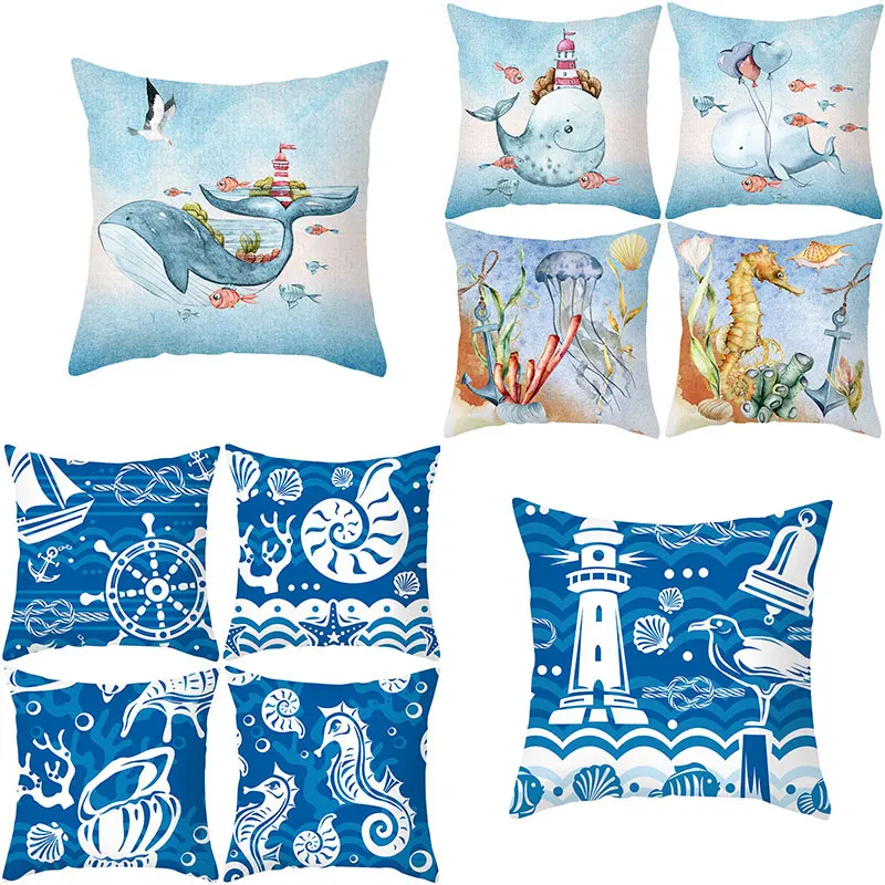 

Summer Marine Life Pillowcase Blue Geometry Pillow Cover Comfortable Soft Peach Skin Pillowcase Nordic Style Household Items New