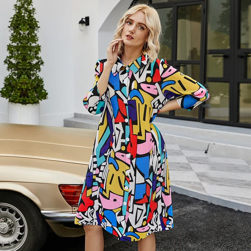 

New autumn winter women plus size pleated dress geometric painting designer dress button dress indie folk aesthetic clothes