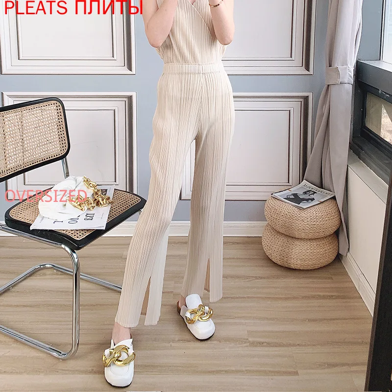 

Miyake Fold Micro-flared Pants Summer New Split Design Sense Niche Casual All-match Nine-point Pants Women PLEATS Ropa Mujer