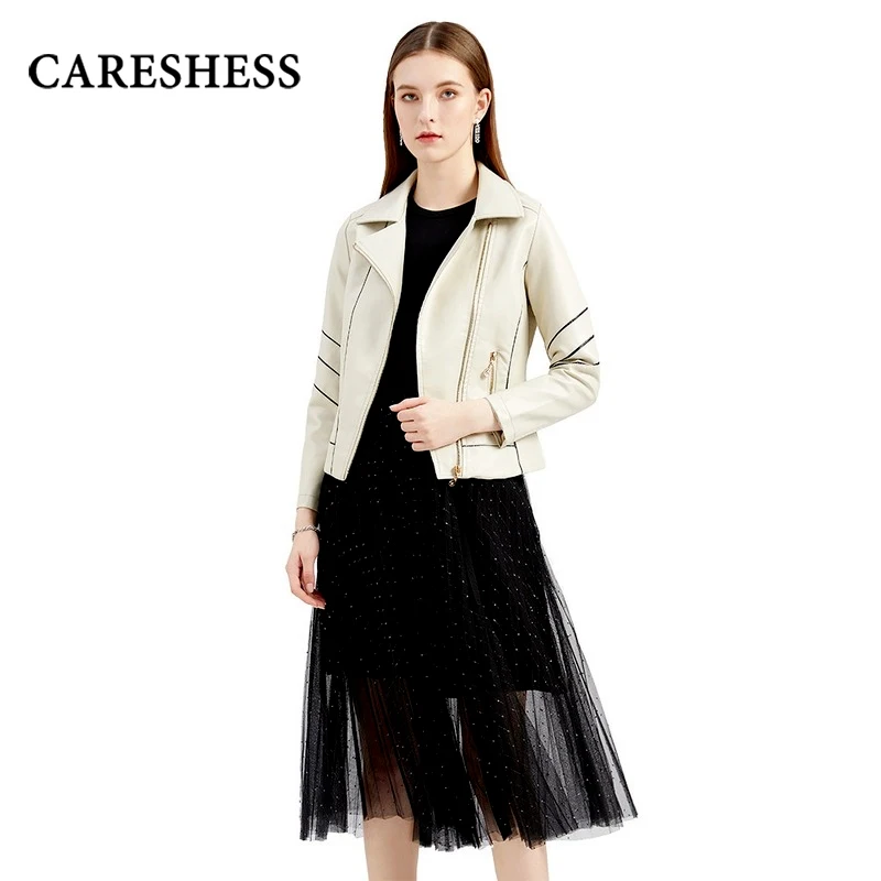 

CARESHESS 2021 Новинка Весна-Осень Женская Короткая кожаная куртка с отложным воротником на молнии тонкая женская мотоциклетная одежда