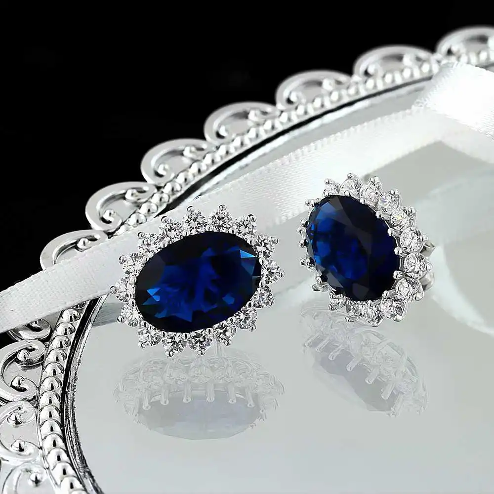 GemStoneKing Princess серьги Диана 15 00 карат Овальные Синие имитация сапфира и циркония 925