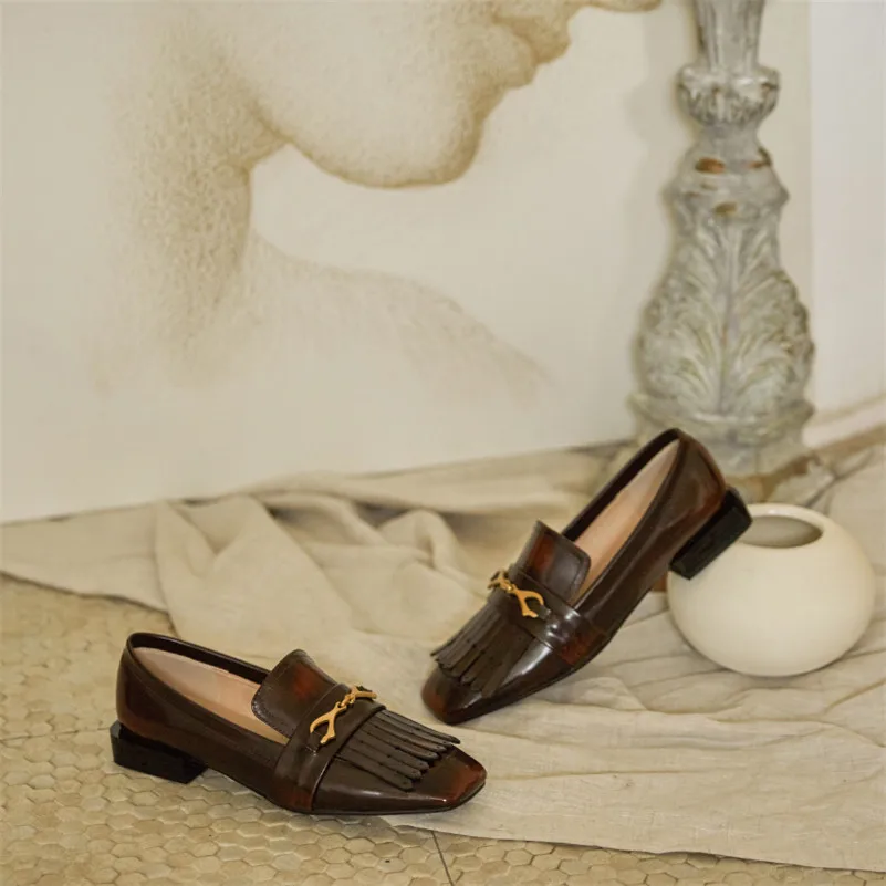 

Meotina Metal Decoration Real Leather Pumps Women Mid Heel Loafers Shoes Fringe Square Toe Shoes Lady Thick Heels Footwear 40